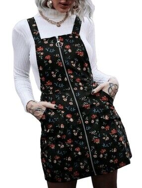 SHEIN Floral Zip-Front Pinafore Dress - Black